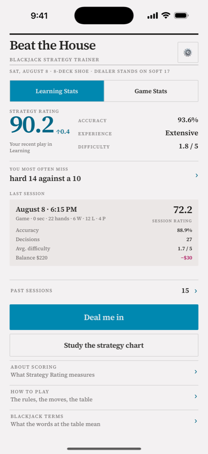 The Beat the House front page on an iPhone: Strategy Rating 90.2, last session, Deal me in