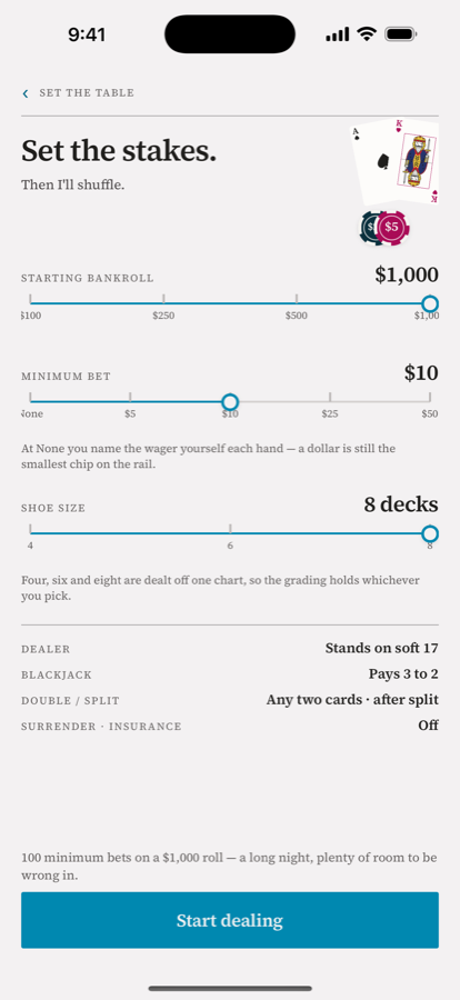 Set the stakes screen: sliders for starting bankroll, minimum bet and shoe size