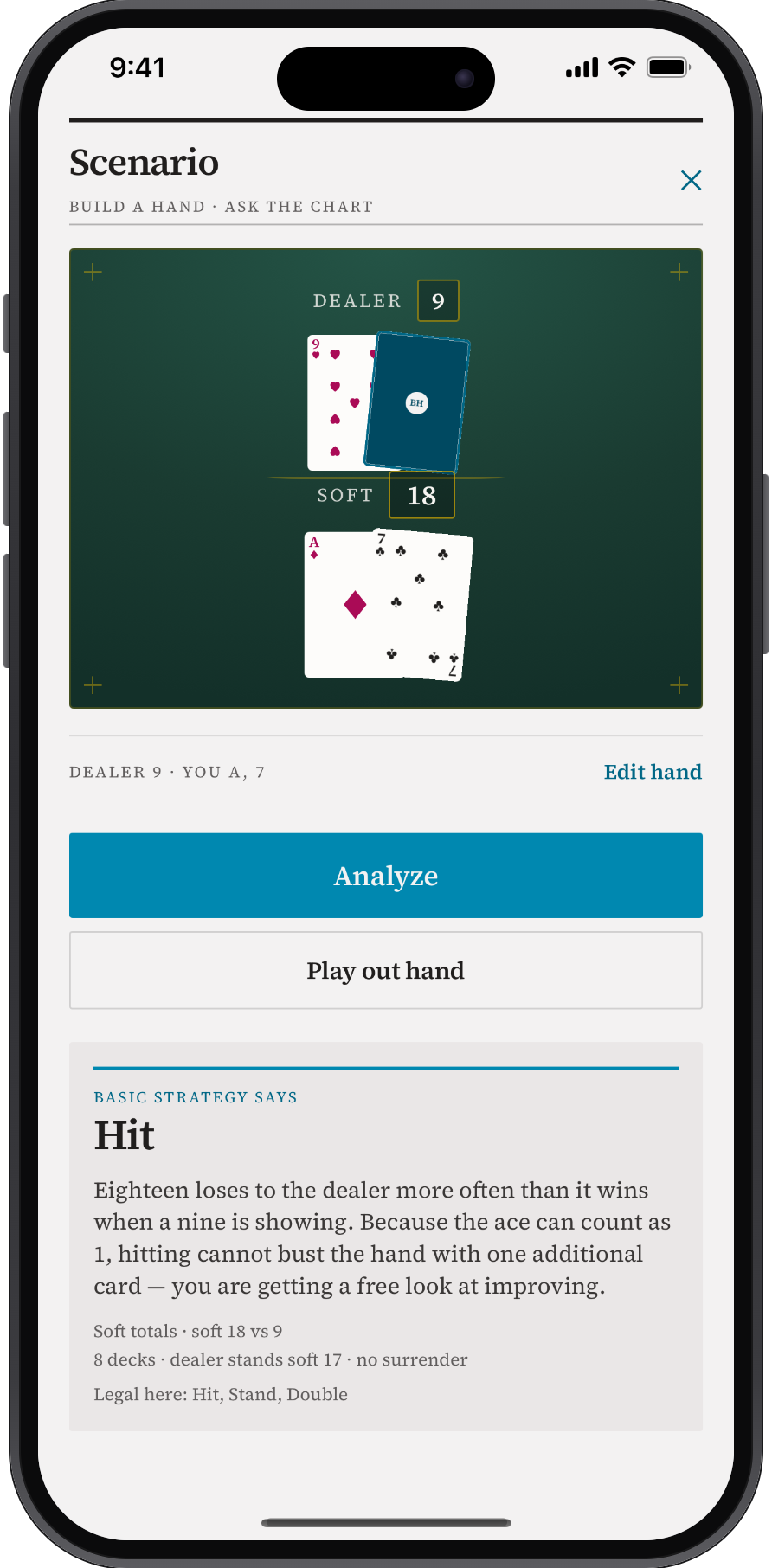 The Scenario screen: a dealer nine against a soft 18 of ace and seven, with Analyze and Play out hand, and basic strategy answering Hit with its reasoning.